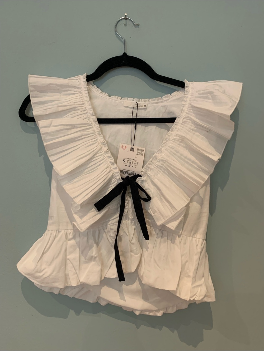 Zara White Ruffle Collar Cotton Camisole with Black Tie
